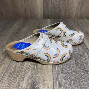 Swedish Wooden Cape Clogs Slip On Mule White Leather Rainbow Women’s US Size 6